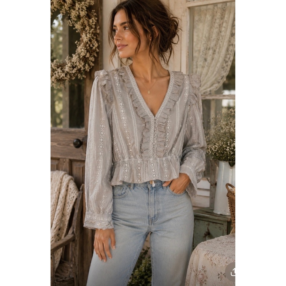 NWT Dress Forum Grey Eyelet Ruffle Peplum Blouse Boho Cottagecore Size M